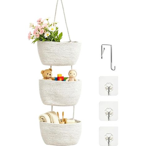 Rangement Suspendu, 3 Niveaux, Mural, Blanc, Coton, Tisse, Robuste, Maison, Salle Bain, Chambre (1/5)