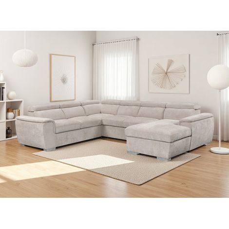 Canapé panoramique convertible avec coffre en velours chiné beige (1/5)