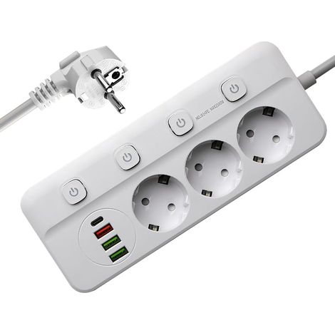 Steckdosenleiste mit Einzelschalter, 3 Steckdosen mit 3 USB-A- und 1 USB-C-Anschluss, Überspannungsschutz, 2 m Kabel für Smartphones und Tablets (Weiß) (1/5)