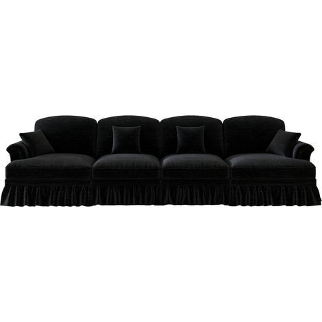 Elegantes großes 4-Sitzer Sofa im Mid-Century-Stil aus Chenille mit Trichter-Armlehnen, abnehmbarer Rüschenschürze & spindelförmigen Beinen – Komfortables Wohnzimmer-Sofa,Schwarz (1/5)