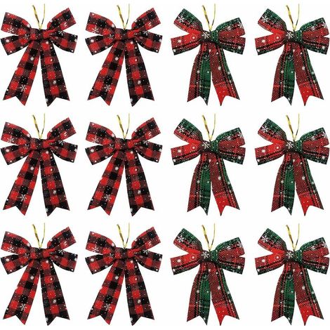 VURAHOME – 12 Weihnachtsschleifen, Christbaumschleifen, dekorative karierte Weihnachtsschleifen für Weihnachtsdekorationen, Bastelbedarf, 13 x 11 cm (1/5)