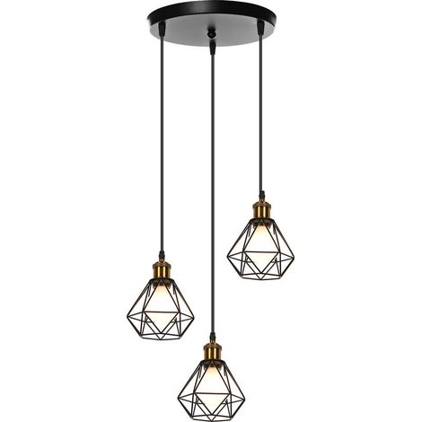Plafonnier Rétro 3 Lumières Suspension Luminaire Vintage D'Intérieur Suspension Lustre E27 Cage En Métal Noir (1/5)
