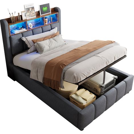 Lit capitonné 90x200 cm gris avec LED multicolores, port USB et USB-C, coffre relevable hydraulique, tête de lit avec rangements, idéal pour chambre moderne  CHICFURN (1/5)