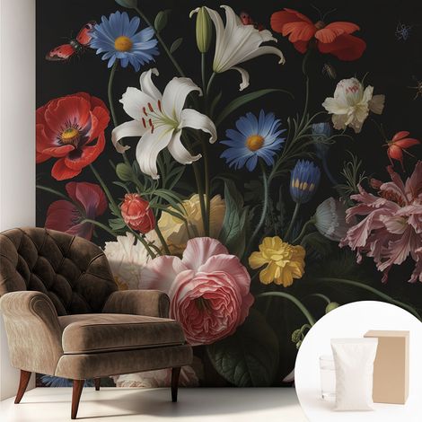 Tapete Vliestapete mit Kleber - trendige Wanddeko - elegant Fototapete für Wohnzimmer - Schlafzimmer Blumen mit Insekten 250x250 cm (1/5)