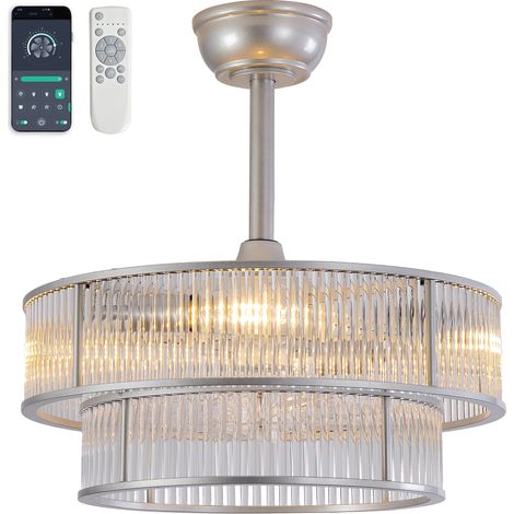 Ventilateur de plafond en cristal de 19 pouces avec double barre verticale, pales en ABS, double contrôle par application, 6 vitesses, silencieux, idéal pour les chambres et les chambres d'enfants (Ar (1/5)