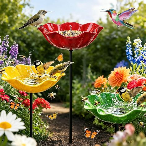 Estaca metálica para jardín: Baño para pájaros artesanal con diseño floral - Estación de agua para abejas y mariposas - Decoración de jardín para amantes de la naturaleza (1/5)