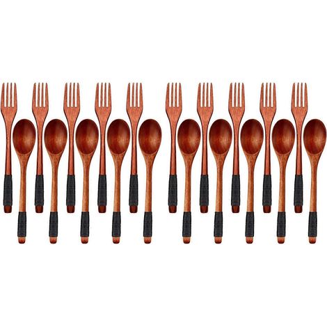 Ensemble de cuillères et fourchettes en bois de style japonais, couverts réutilisables (cordons noirs, 20 pièces) (1/5)
