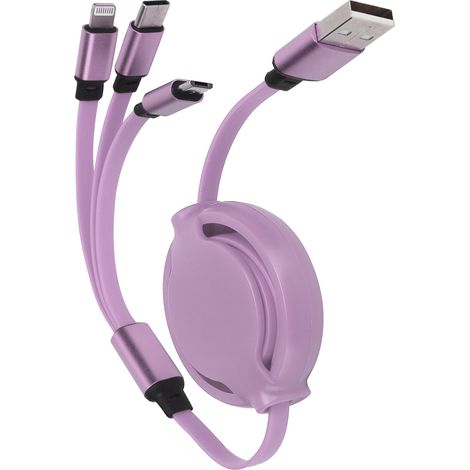 Câble de charge rétractable 3-en-1 avec ports Type-C, Lightning et Micro USB, 3A, violet (1/5)