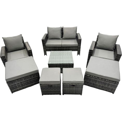 Fimous PE Rattan Garden Furniture Set Lounge Sofa Coffee Table Set with 4 Footstool Dark Grey Mixed (1/4)