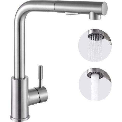 Robinet mitigeur de cuisine rotatif à 360° avec douchette extractible, 2 modes de jet, construction en acier inoxydable, options eau chaude et eau froide. (1/4)