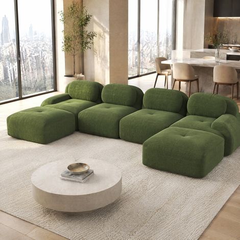 CHICFURN Sofá modular en U 388x178x70 cm tejido acanalado verde sin montaje para salón (1/5)