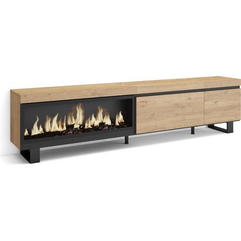 Skraut Home – Meuble TV avec cheminée électrique LED – Grand espace de rangement 237x35x57cm – Design industriel chêne et noir – Effet de feu 3D (1/5)