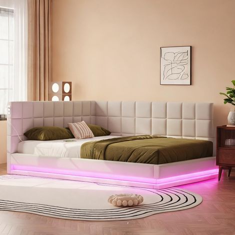 Cadre de lit beige en lin 206 x 167 x 63 cm (1/5)