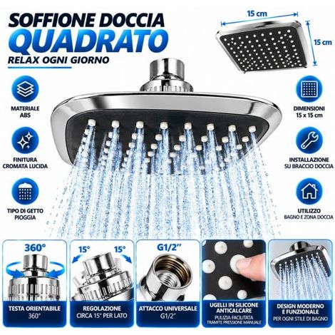 Soffione Doccia 15x15cm Cromato ABS Pioggia Anticalcare Orientabile G1/2" (1/5)