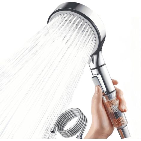 Pommeau de douche avec pierres minérales, filtre à douchette Argent et 5 types de jet, filtration à 3 couches et pierres, à économie d'eau (1/5)