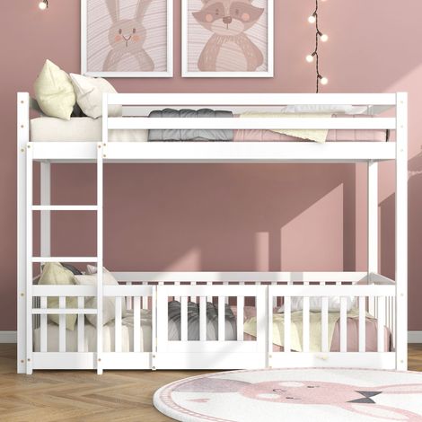 3FT Bunk Bed with Fences and Door, Children's Bed with Fall Protection and Railings, Solid Wood, White (190x90cm) (1/4)