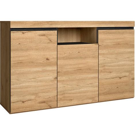 Skraut Home – Buffet nordique 3 portes 1 compartiment – Mélamine chêne/noir – Dimensions 81x140x40cm – Rangement design pour salon/salle à manger