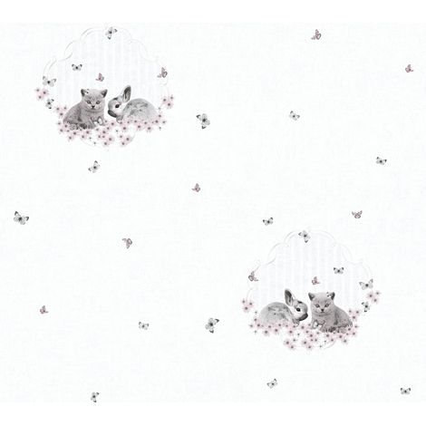 Papier Peint "Lapin et Chaton" Gris Perle 10mx 0.53 m (1/5)