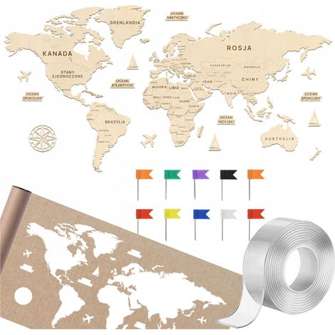 Carte du monde en bois de 120 cm avec accessoires. Carte du monde murale du pays. (1/5)