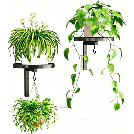 2er-Pack Wand-Pflanzenständer aus Metall, 20 cm Pflanzenhalter mit Haken, Pflanzenregal, Blumenständer, Wandregal für Balkon, Wohnzimmer, Terrasse, Innen-/Außenbereich (Schwarz) (1/5)