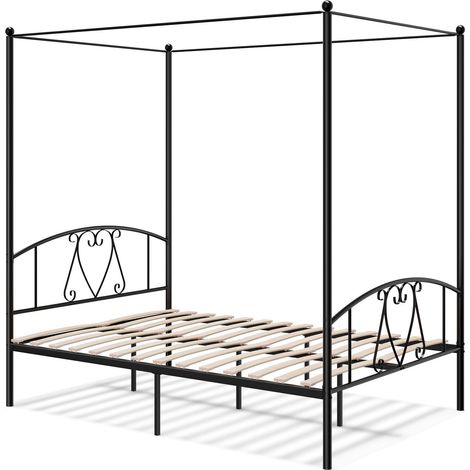 COSTWAY Double Size Metal Canopy Bed Frame 4-Poster Modern Platform Wooden Slat Support Black