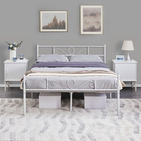 Lit Double 160 x 200 cm en Métal pour Adultes Grande Espace en Lattes Blanc Moderne (1/5)