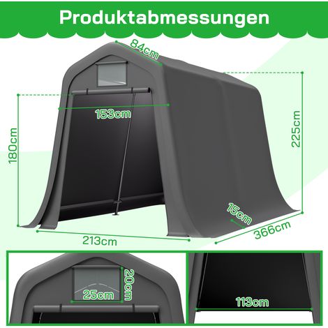 Abri de jardin 366x213x225cm toit en pointe – PE étanche avec aération, protection UV & anti-vent, livré avec piquets en L pour motos et outils