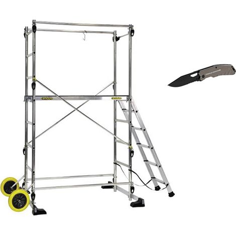 Echafaudage de jardin - Hauteur de travail max. 3,40m - 2 roues Ø 250mm - Plateau 1,30x0,46m + Couteau de poche STANLEY - 209700-COUTEAU
