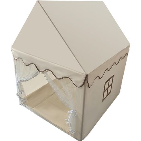 COSTWAY Tente de Jeux Enfant Intérieur Extérieur avec Tapis Antidérapant, Maison de Jeu en Château de Style Princesse en Coton, Cadre en Bois, 120 x 105 x 140 cm, Beige