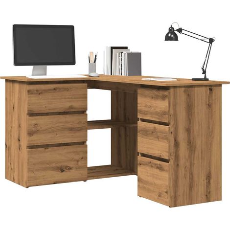 Vidaxl – Bureau d'angle chêne artisanal 145x100x76 cm – Bois d'ingénierie résistant à l'humidité – Grand espace de rangement avec 2 portes et 4 tiroirs