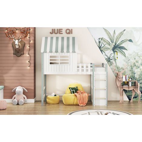 Lit enfant 90x200 cm réglable en hauteur, lit maison toit avec échelle sécurisée et rangement, multifonction en bois massif vert, garçon et fille, sommier inclus (1/5)