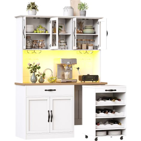 Buffet blanc LED avec chariot roulettes,rangement verres et bouteilles