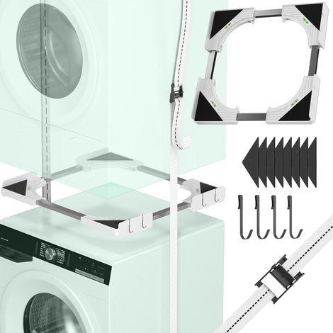 Kit di impilamento Slimline per lavatrice e asciugatrice, telaio universale ultra sottile per elettrodomestici da 46 a 72 cm, design salvaspazio con cinghia a cricchetto e 4 ganci multifunzione (bianc