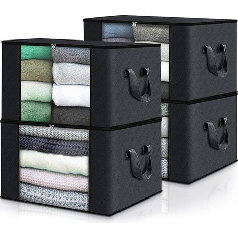 Sacs de rangement pour vêtements et couettes, noirs, lot de 6, poignées renforcées, fermeture éclair, noir, 90 L - 4 pièces (1/5)