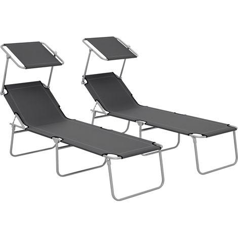 Outsunny Folding Sun Lounger Set of 2 w/ Sunshade Adjustable Backrest Grey