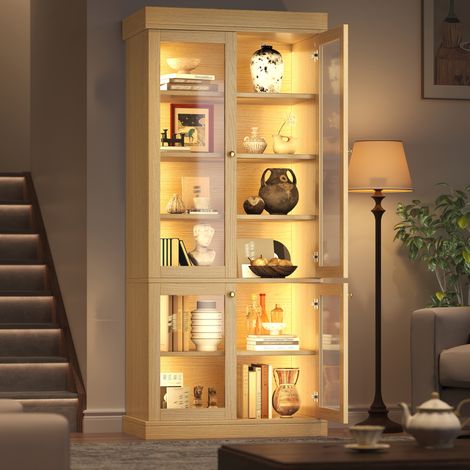 Mobile a parete con illuminazione a LED, vetrina in vetro e vano contenitore, sistema antiribaltamento, 80x40x180 cm, in MDF di legno naturale (1/5)
