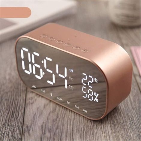 Kabelloser FM-Radiowecker mit LED-Spiegel, Dual-Bluetooth-Player und gebürsteter Metalloberfläche – Multifunktionaler Nachttischwecker