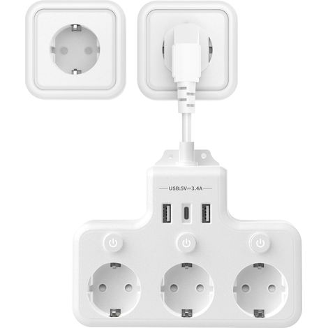 Prise Multiple Murale avec USB C, Multiprise 3 Prises Parafoudre et Surtension avec Interrupteur Individuel, Multi Prise Plate Murale, Bloc Multiprise pour Bureau de Cuisine (1/5)