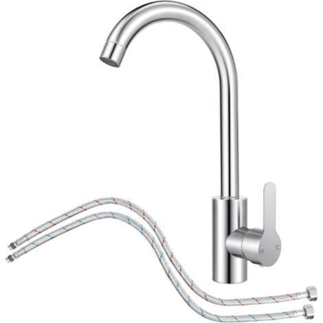 Mitigeur Cuisine avec Tuyau Flexible G3/8 x M10,Robinet Cuisine en Acier Inox avec Bec Pivotant à 360° Monocommande,Robinet Evier de Cuisine d'Arc à Sortie d'Eau Haute (1/5)