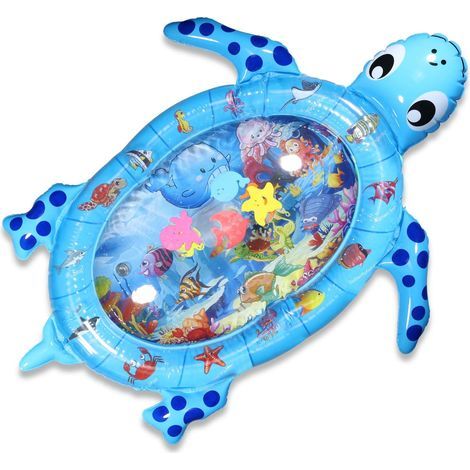Inflatable turtle-shaped mat for children, water and fish, cute mat, blue (1/4)