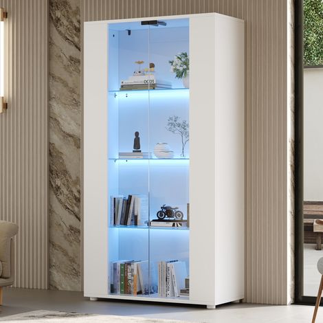 Vitrinenschrank mit 2 Glastüren, 4 Ablageflächen und verstellbarer LED-Beleuchtung – modernes Design für Wohnzimmer,Weiß,80×36×150cm (1/5)