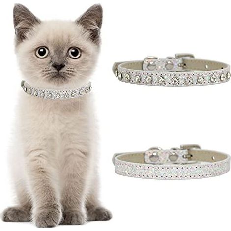 Lot de 2 colliers de sécurité réglables en cuir avec strass pour petits chiens et chats Argenté (1/4)