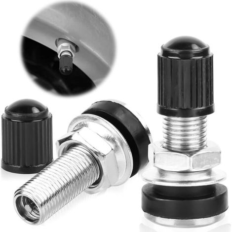 Lot de 2 valves de voiture, valves de pneu avec bouchons anti-poussière en métal tubeless valves universelles pour pneus de voiture et moto, noir (1/4)