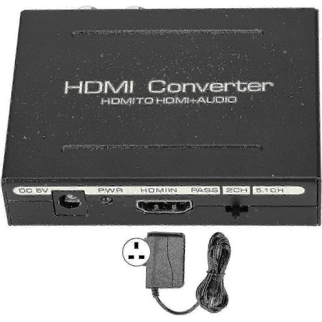 Convertisseur extracteur audio HDMI avec sorties optiques SPDIF RCA pour canaux gauche et droit, compatible avec un adaptateur de prise britannique 100-240V. (1/5)