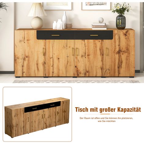Buffet de cuisine avec rangement, 208 x 39,5 x 80 cm, commode armoire à 4 vantaux et 2 tiroirs