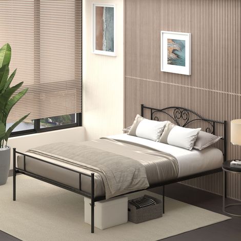 Cadre de lit en acier simple et demi 145x211x106cm - espace de rangement inférieur - lattes et tête de lit intégrées - noir