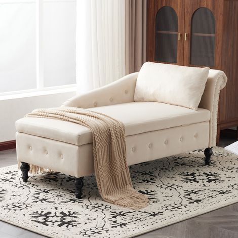 Velvet Chaise Lounge Sofa with Storage, Upholstered Chaise lounge Couch with Pillow for Living Room, Bedroom and Office, Right Armrest, Beige