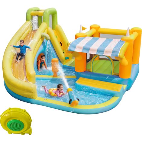 Château gonflable parc aquatique avec toboggan et piscine, aire de jeux aquatique gonflable pour jardin extérieur, avec souffleur, dimensions gonflées : 433 x 375 x 165 cm
