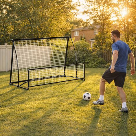 Rete da calcio portatile 2 in 1 per il recupero dei rimbalzi, bifacciale, con borsa per il trasporto e picchetti per il fissaggio a terra, 200x94x122/52 cm, nera.