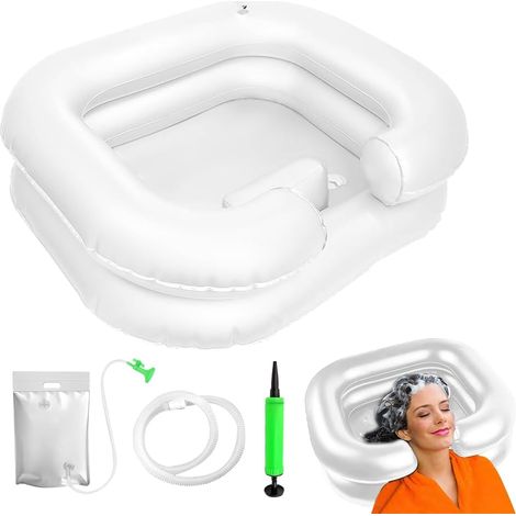 Lavabo Gonflable pour les Cheveux, Bac pour Laver les Cheveux avec Pommeau de Douche et Sac à Eau, Bac a Shampoing Domicile Portable avec 1m Drain, pour Personne en Fauteuil, Enceinte, Agée (1/5)